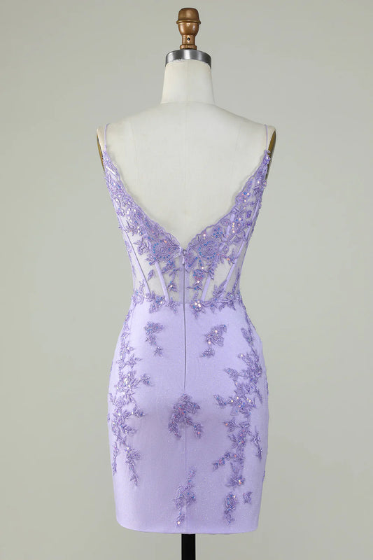 Bodycon Spaghetti Straps Purple Corset Homecoming Dress with Appliques