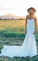 Buyishang Mermaid Bohemian Low V Back Full Lace Beach Garden Bridal Gowns