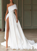 Buyishang A-Line One-Shoulder Organza Sweep Train Wedding Dress With Appliques Lace