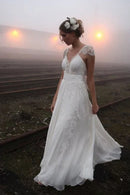 Buyishang A-line Princess V-neck Floor-length Cap Sleeve Lace Chiffon Wedding Dresses