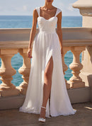 Buyishang A-Line Square Neckline Sleeveless Chiffon Wedding Dresses With High Split