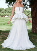 Buyishang A-Line Strapless Sleeveless Sweep Train Satin Tulle Wedding Dresses With Cascading Ruffles