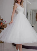 Buyishang A-Line V-Neck Sleeveless Ankle-Length Tulle Wedding Dresses With Sequins