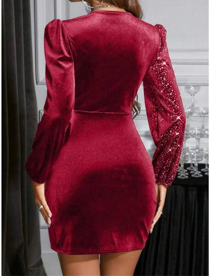 Women's Red Velvet Dress Red Christmas Dress Party Dress Cocktail Dress Mini Dress Wine Long Sleeve Pure Color Ruched Spring Fall Winter V Neck Winter Dress Christmas