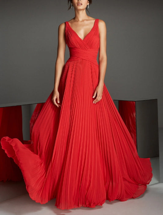 A-Line Empire Christmas Red Green Dress Formal Evening Dress V Neck Sleeveless Floor Length Chiffon with Pleats