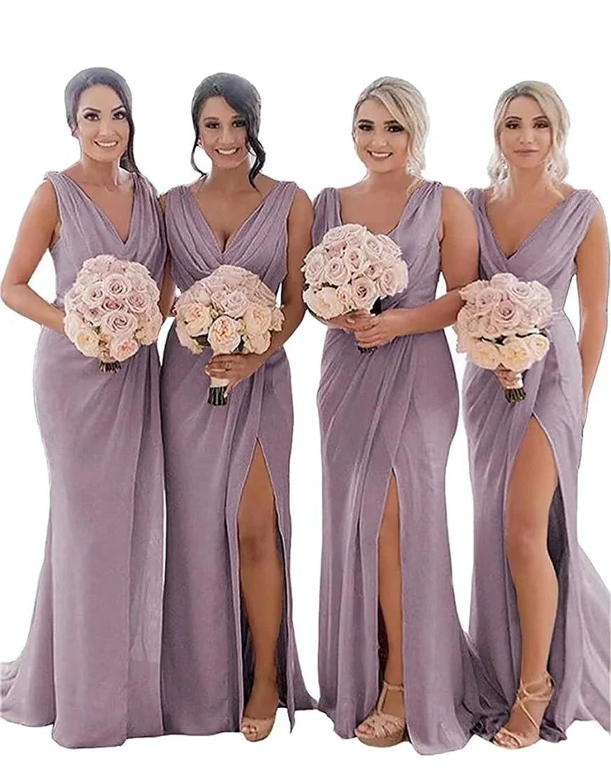 Sheath-Column V-Neck Bridesmaid Dress With Split