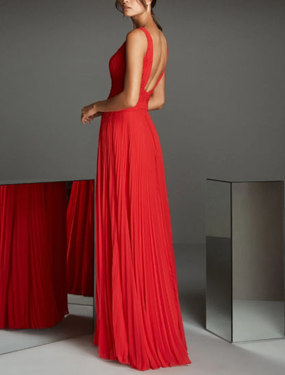 A-Line Empire Red Green Dress Formal Evening Dress V Neck Sleeveless Floor Length Chiffon with Pleats