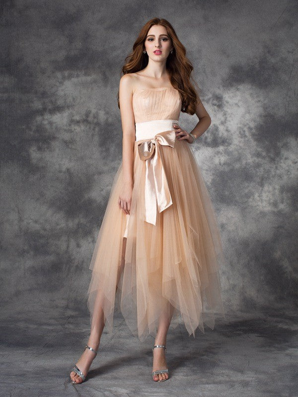 A-line/Princess Strapless Bowknot Sleeveless Long Elastic Woven Satin Dresses