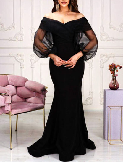 Mermaid Black Dress Plus Size Evening Gown Gothic Dress Wedding Cocktail Party Sweep / Brush Train Long Sleeve Off Shoulder Stretch Fabric with Pleats