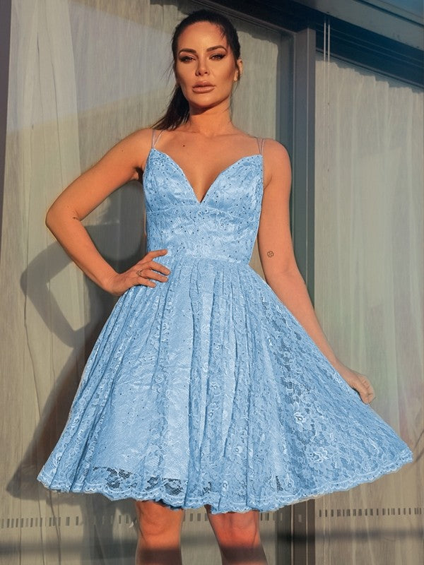 A-Line/Princess Satin Lace V-neck Sleeveless Short/Mini Homecoming Dresses