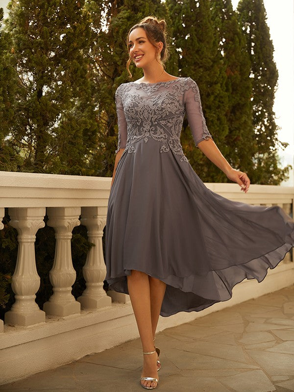 A-Line/Princess Chiffon Applique Scoop 1/2 Sleeves Asymmetrical Dresses