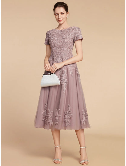 A-Line Mother of the Bride Dress Wedding Guest Elegant Petite Jewel Neck Tea Length Lace Tulle Short Sleeve with Ruching Flower