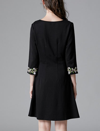 Sheath / Column Mother of the Bride Dress Elegant Jewel Neck Short / Mini Cotton Blend 3/4 Length Sleeve with Embroidery