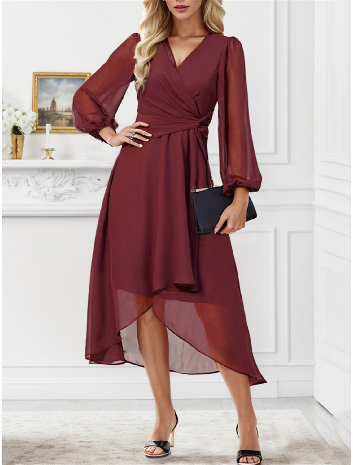 Women's Party Dress Cocktail Dress Wedding Guest Dress Midi Dress Wine Long Sleeve Plain Ruffle Spring Fall Winter V Neck Elegant Wedding Guest Spring Dress