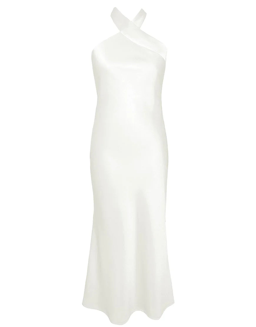 Ivory Sheath Halter Neckline Tea Length Bridesmaid Dress