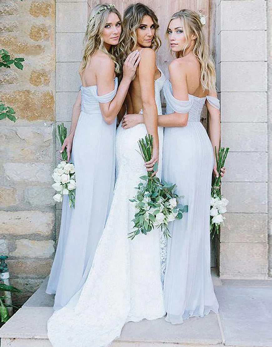 Light Blue Off The Shoulder Long Chiffon Bridesmaid Dress