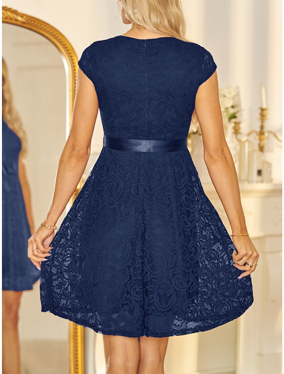 Women's Christmas Party Dress Lace Dress Cocktail Dress Midi Dress Pink Wine Navy Blue Short Sleeve Pure Color Lace Spring Fall Winter V Neck Fashion Winter Dress Wedding Guest