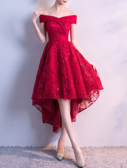 A-Line Cocktail Dresses Floral Dress Party Wear Cocktail Party Asymmetrical Short Sleeve Off Shoulder Tulle with Pleats Embroidery