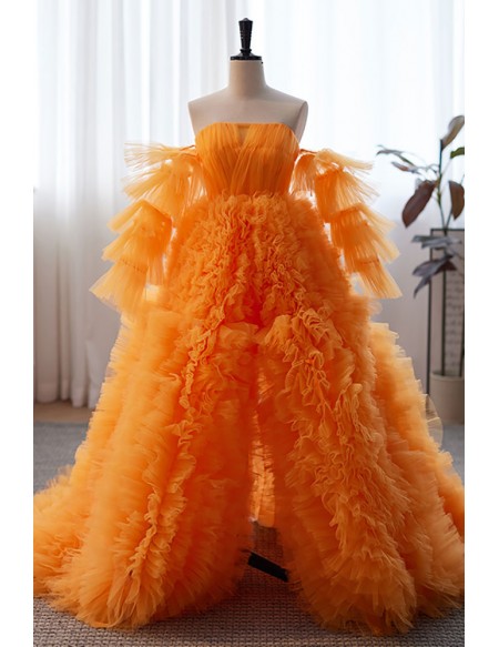 Orange Ruffled High Low Puffy Prom Dress Ball Gown