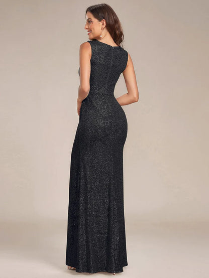 Shiny Sleeveless Sequin Deep V-Neck High Slit Evening Dress/Prom Dresses