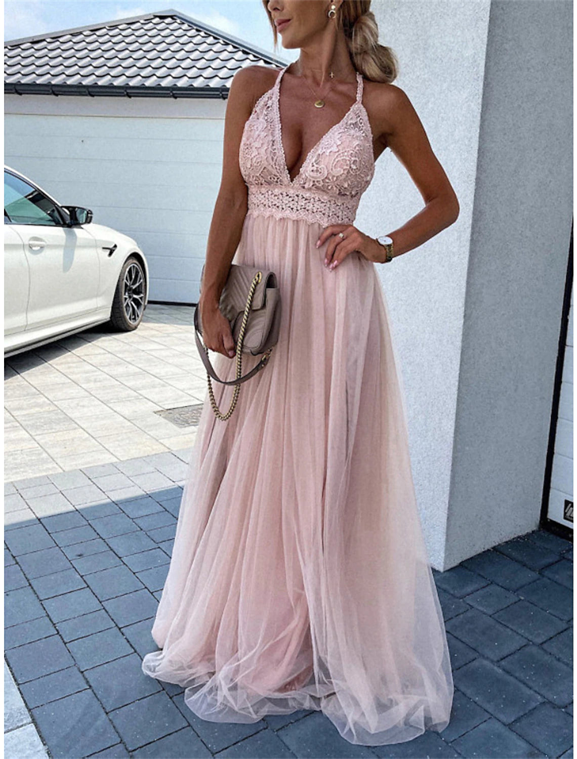 Women's Prom Dress Party Dress Lace Dress Long Dress Maxi Dress Pink Green Sleeveless Pure Color Lace Summer Spring Fall Spaghetti Strap Fashion Birthday Evening Party Wedding Guest