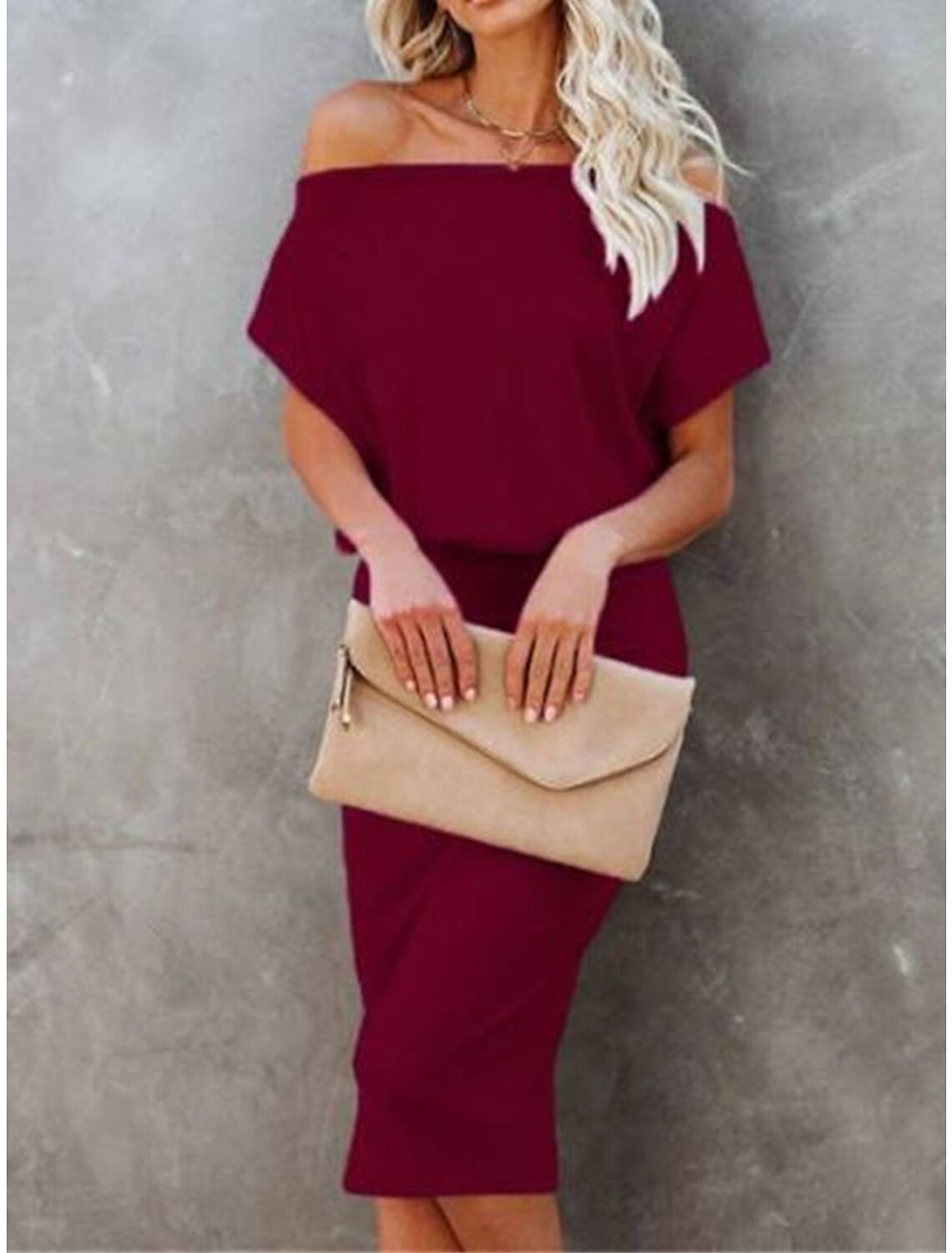 Women's Party Dress Black Dress Cocktail Dress Wedding Guest Dress Midi Dress Wine Blue Short Sleeve Pure Color Ruched Spring Fall Winter Off Shoulder