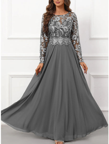 Women's Prom Dress Party Dress Lace Dress Long Dress Maxi Dress Gray Long Sleeve Pure Color Lace Spring Fall Winter Crew Neck Fashion Wedding Guest Evening Party