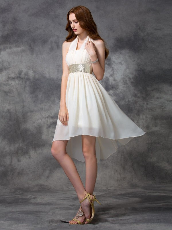 A-line/Princess Halter Sequin Sleeveless High Low Chiffon Cocktail Dresses