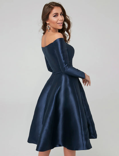 A-Line Special Occasion Dresses Party Dress Wedding Guest Cocktail Party Knee Length Long Sleeve Off Shoulder Satin with Pleats