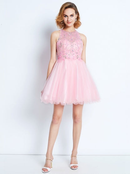 A-line/Princess Sleeveless Jewel Short/Mini Net Ruffles Dresses