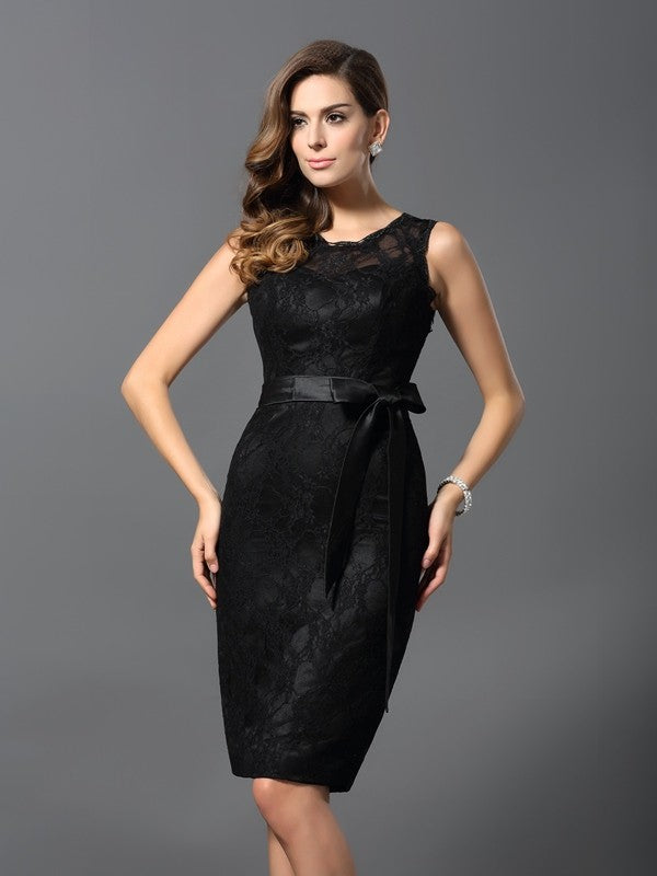 Sheath/Column Jewel Lace Sleeveless Short Satin Cocktail Dresses