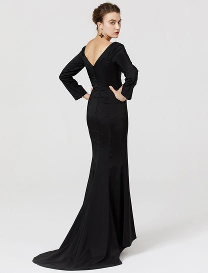 Sheath / Column Classic & Timeless Dress Holiday Cocktail Party Sweep / Brush Train Long Sleeve V Neck Stretch Satin with Split Front