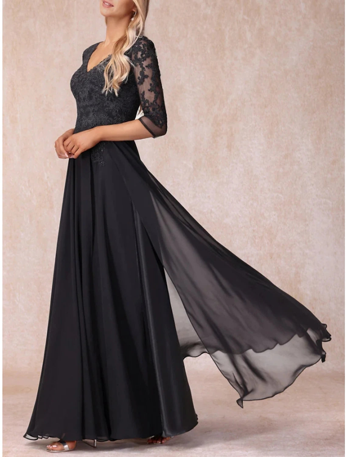 A-Line Mother of the Bride Dress Wedding Guest Elegant V Neck Floor Length Chiffon Lace 3/4 Length Sleeve with Ruching Solid Color