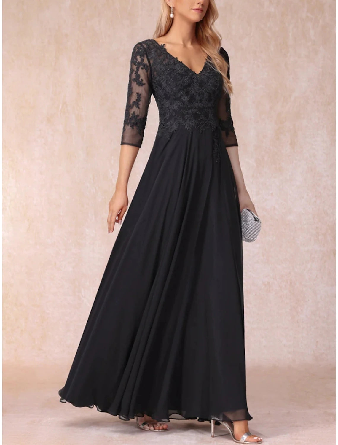 A-Line Mother of the Bride Dress Wedding Guest Elegant V Neck Floor Length Chiffon Lace 3/4 Length Sleeve with Ruching Solid Color