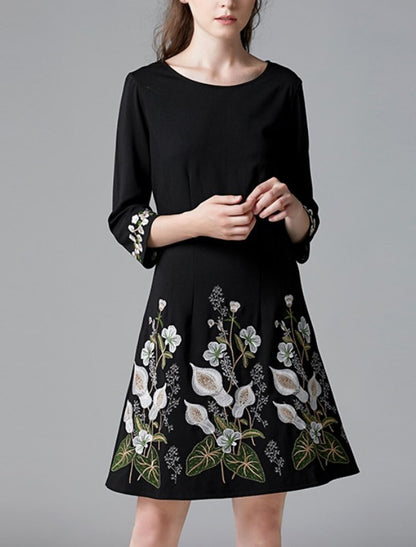 Sheath / Column Mother of the Bride Dress Elegant Jewel Neck Short / Mini Cotton Blend 3/4 Length Sleeve with Embroidery