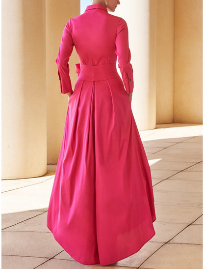 A-Line Mother of the Bride Dress Wedding Guest Elegant Shirt Collar Asymmetrical Satin Long Sleeve with Sash / Ribbon Ruching