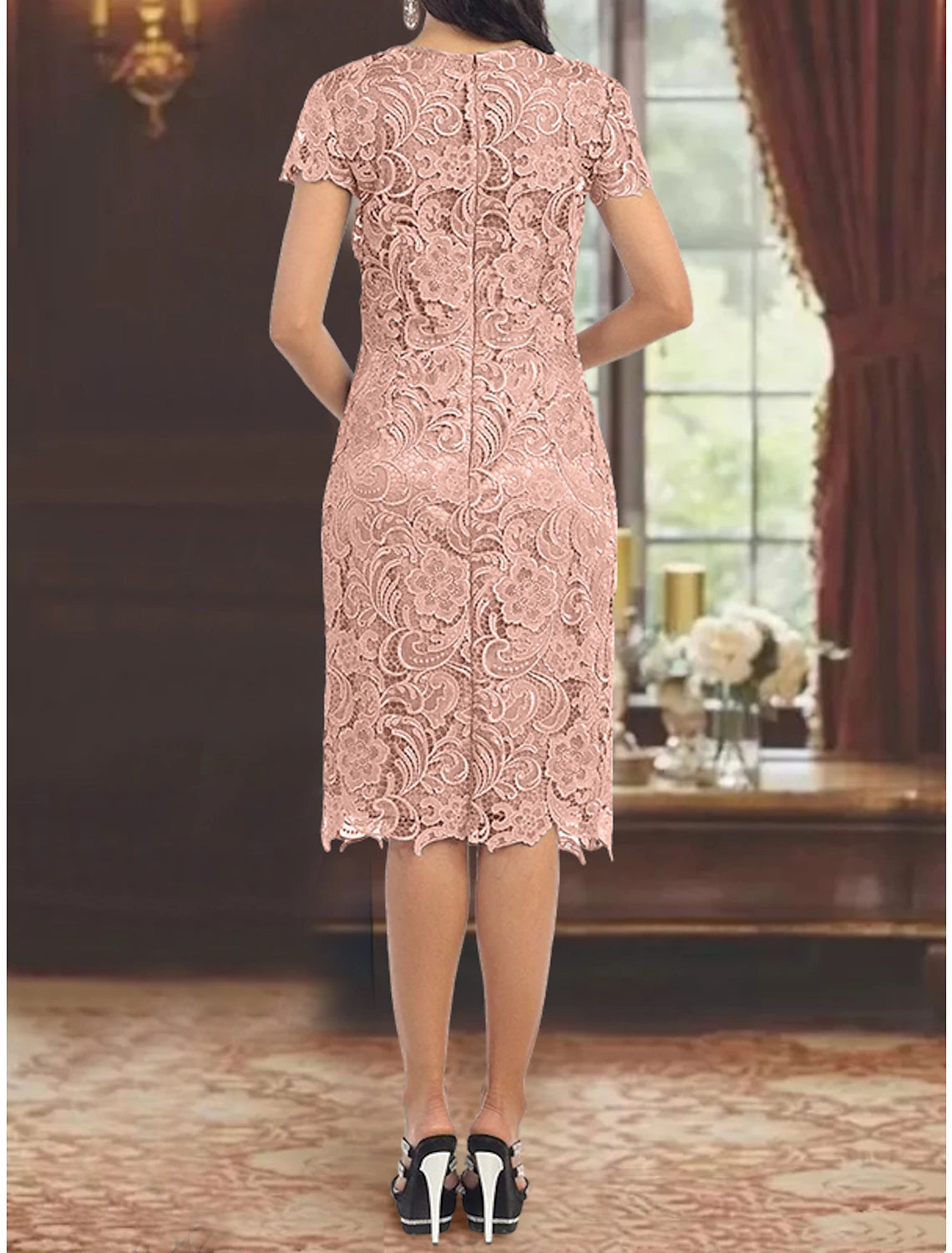 Two Piece Sheath / Column Mother of the Bride Dress Formal Wedding Guest Party Elegant Jewel Neck Knee Length Satin Lace Short Sleeve with Appliques Solid Color