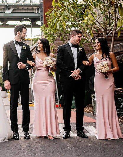 Pink Sheath-Column Spaghetti Straps Long Bridesmaid Dress