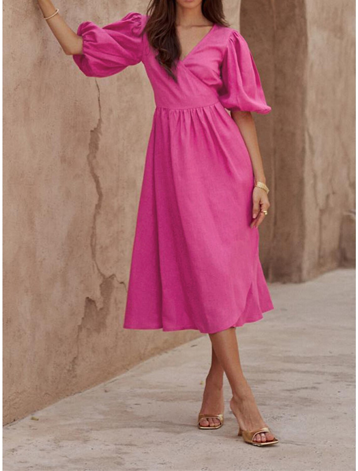 Women's Party Dress Cocktail Dress Wedding Guest Dress Midi Dress Fuchsia Green Short Sleeve Plain Lace up Summer Spring Fall V Neck Party Wedding Guest Birthday Vacation