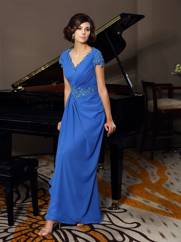 A-Line/Princess V-neck Beading Applique Short Sleeves Long Chiffon Mother of the Bride Dresses