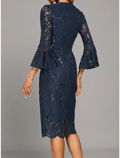 Women's Party Dress Sequin Dress Lace Dress Midi Dress Navy Blue 3/4 Length Sleeve Pure Color Lace Summer Spring Fall V Neck Fashion Wedding Guest Vacation Summer Dress