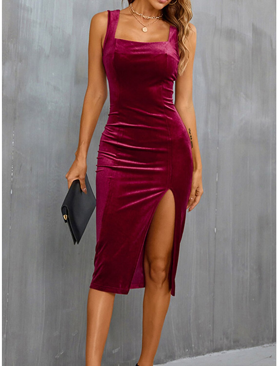 Women's Party Dress Black Velvet Dress Cocktail Dress Midi Dress Wine Red Army Green Sleeveless Pure Color Split Spring Fall Winter