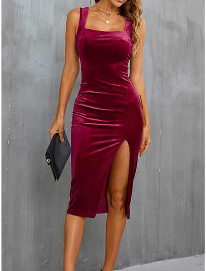 Women's Party Dress Black Velvet Dress Cocktail Dress Midi Dress Wine Red Army Green Sleeveless Pure Color Split Spring Fall Winter