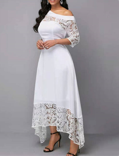 Women's Party Dress Wedding Guest Dress Lace Dress White Dress Long Dress Maxi Dress White 3/4 Length Sleeve Pure Color Lace Winter Fall Cold Shoulder Elegant Spring Dress