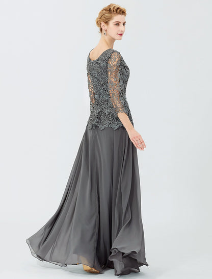 Ball Gown A-Line Mother of the Bride Dress Formal Classic & Timeless Elegant & Luxurious Elegant Scoop Neck Floor Length Chiffon Corded Lace 3/4 Length Sleeve with Sashes / Ribbons Beading