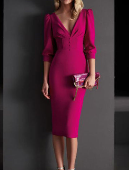 Sheath / Column Mother of the Bride Dress Elegant V Neck Knee Length Satin 3/4 Length Sleeve with Buttons