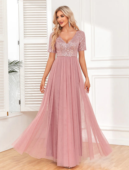 Women's Sequin Dress Party Dress Cocktail Dress Long Dress Maxi Dress Pink Short Sleeve Pure Color Zipper Summer Spring Fall V Neck Formal Evening Party