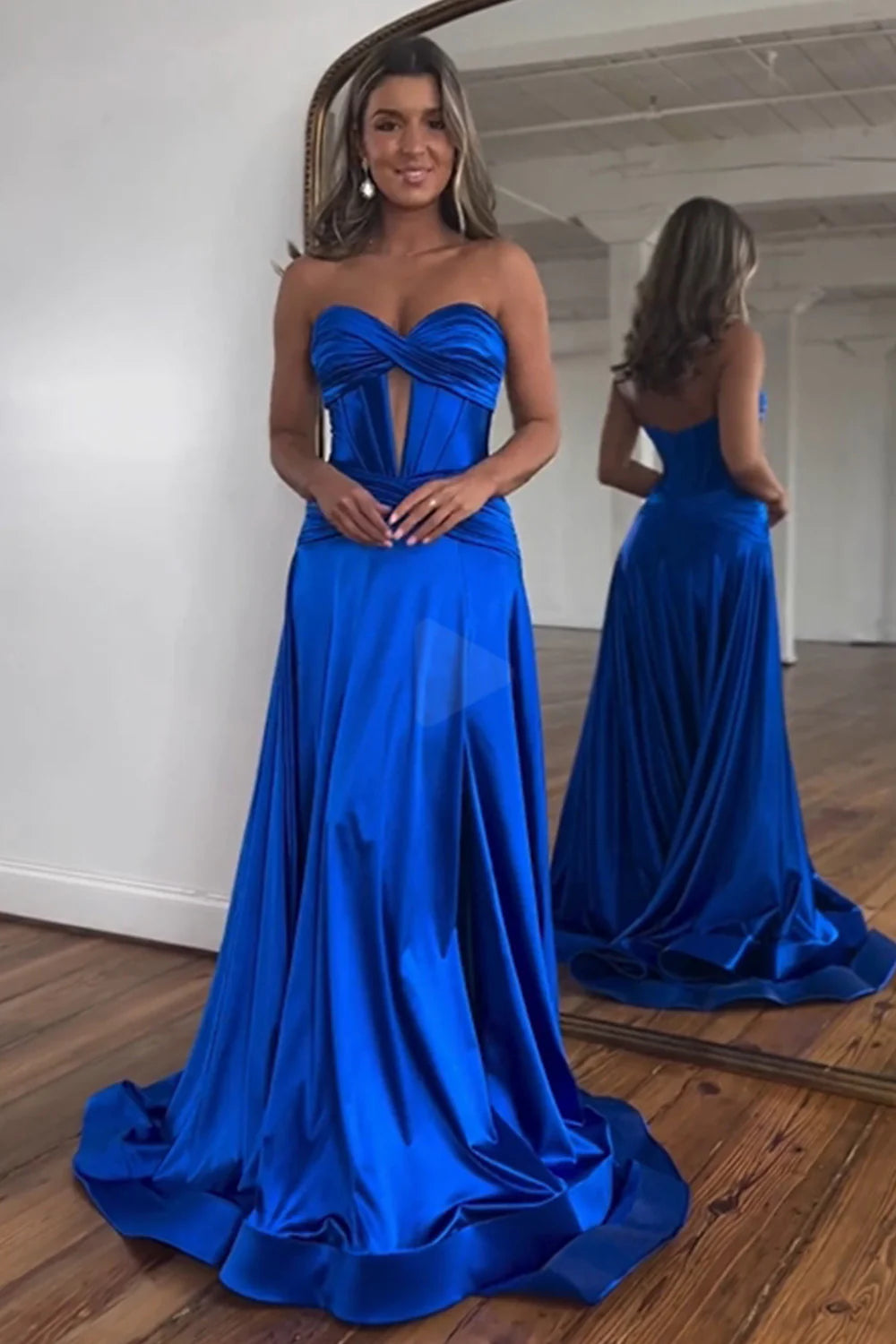 Satin A-Line Strapless Long Prom Dress With Split