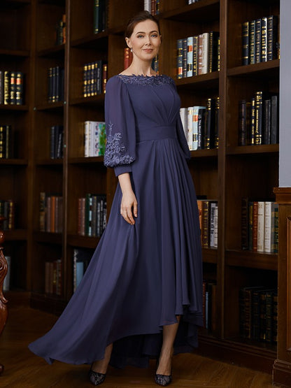 A-Line/Princess Chiffon Ruched Bateau 3/4 Sleeves Asymmetrical Mother of the Bride Dresses