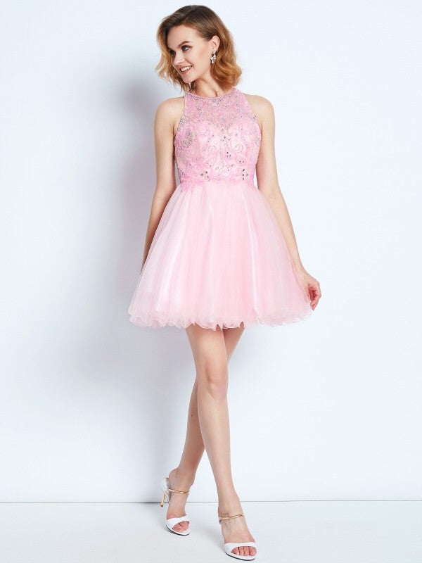 A-line/Princess Sleeveless Jewel Short/Mini Net Ruffles Dresses